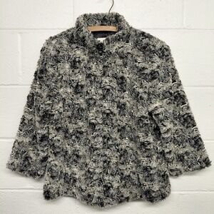 Chicos Jacket Size 1 Faux Fur Pockets 3/4 Sleeve Womens Large Animal Print Soft